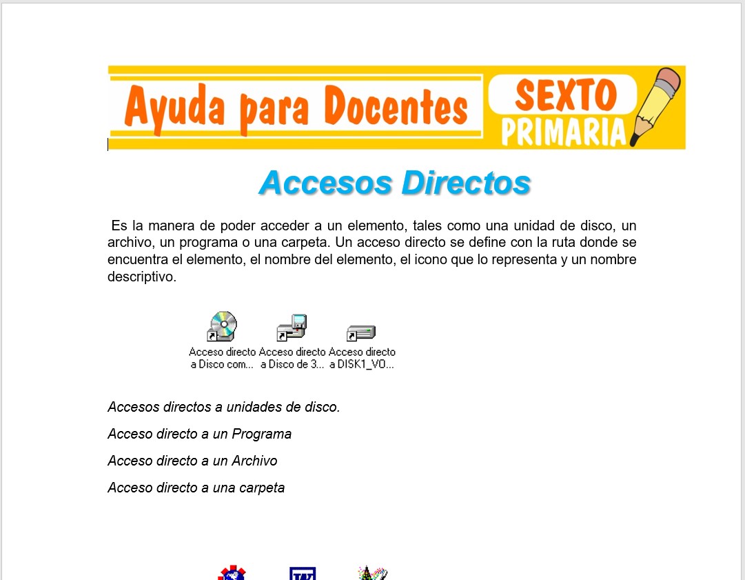 Modelo de la Ficha de Accesos Directos para Sexto de Primaria