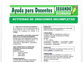 Modelo de la Ficha de Actividad de Oraciones Incompletas para Segundo de Secundaria