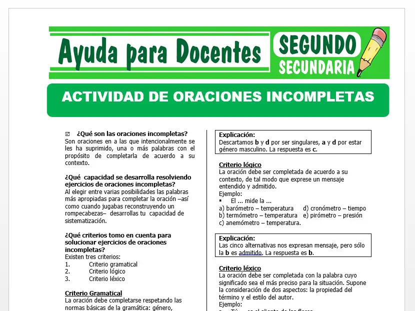 Modelo de la Ficha de Actividad de Oraciones Incompletas para Segundo de Secundaria