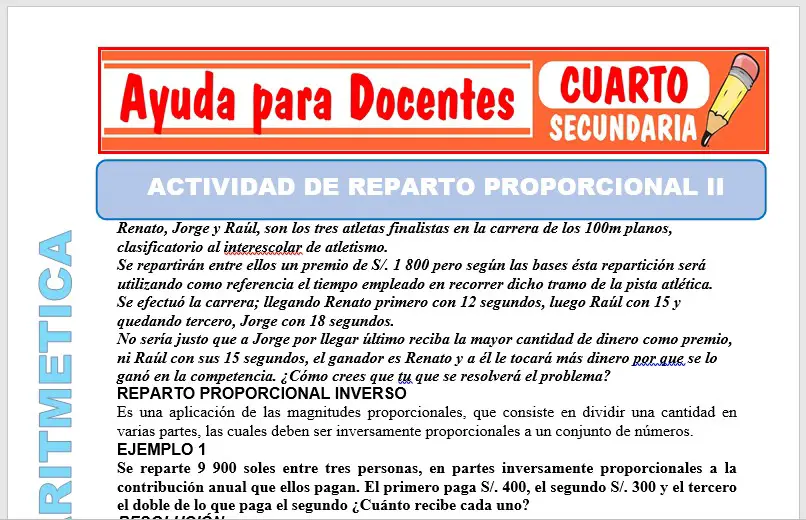 Modelo de la Ficha de Actividad de Reparto Proporcional II para Cuarto de Secundaria