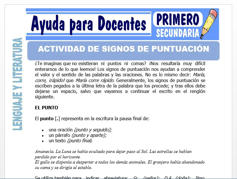 Modelo de la Ficha de Actividad de Signos de Puntuación para Primero de Secundaria