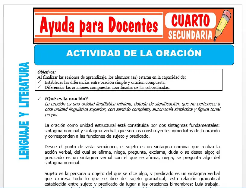 Modelo de la Ficha de Actividad de la Oración para Cuarto de Secundaria