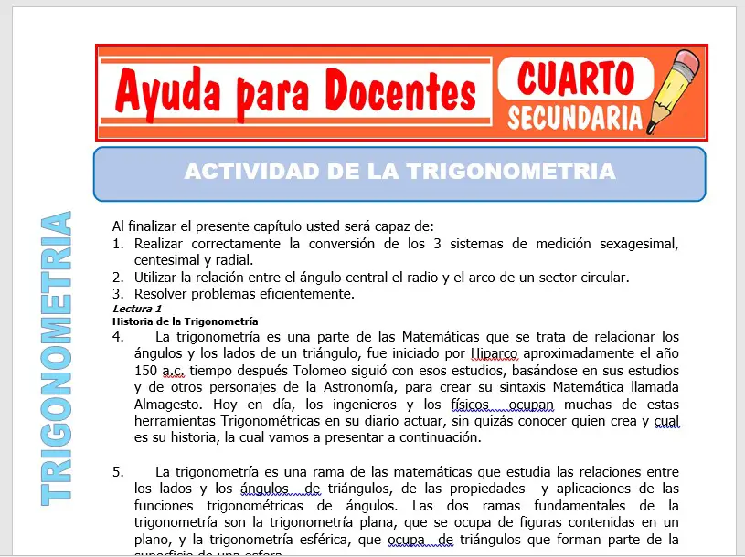 Modelo de la Ficha de Actividad de la Trigonometría para Cuarto de Secundaria