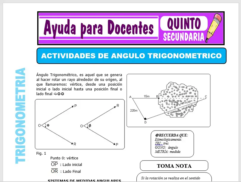 Modelo de la Ficha de Actividades de Ángulos Trigonométricos para Quinto de Secundaria