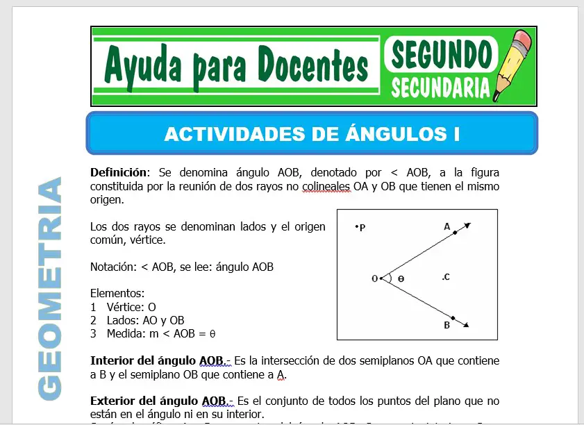 Modelo de la Ficha de Actividades de Ángulos I para Segundo de Secundaria