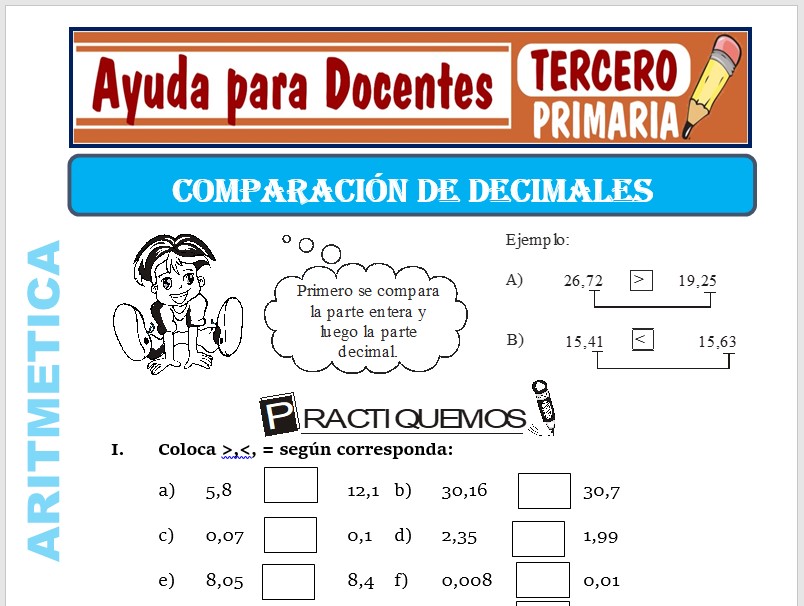 Modelo de la Ficha de Comparación de Decimales para Tercero de Primaria Modelo de la Ficha de Comparación de Decimales para Tercero de Primaria