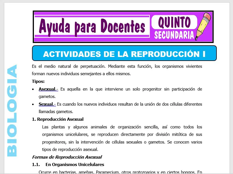 Modelo de la Ficha de Actividades de la Reproducción I para Quinto de Secundaria
