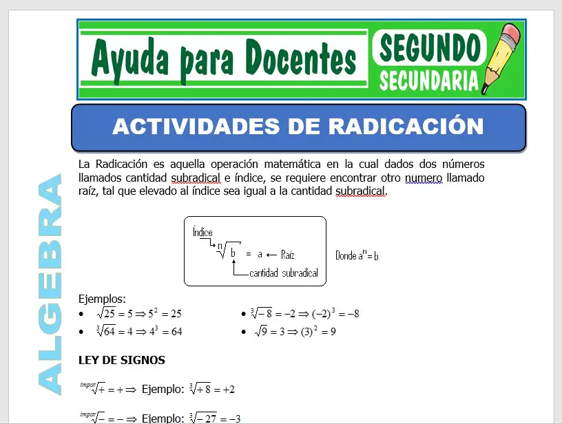Modelo de la Ficha de Actividades de Radicación para Segundo de Secundaria