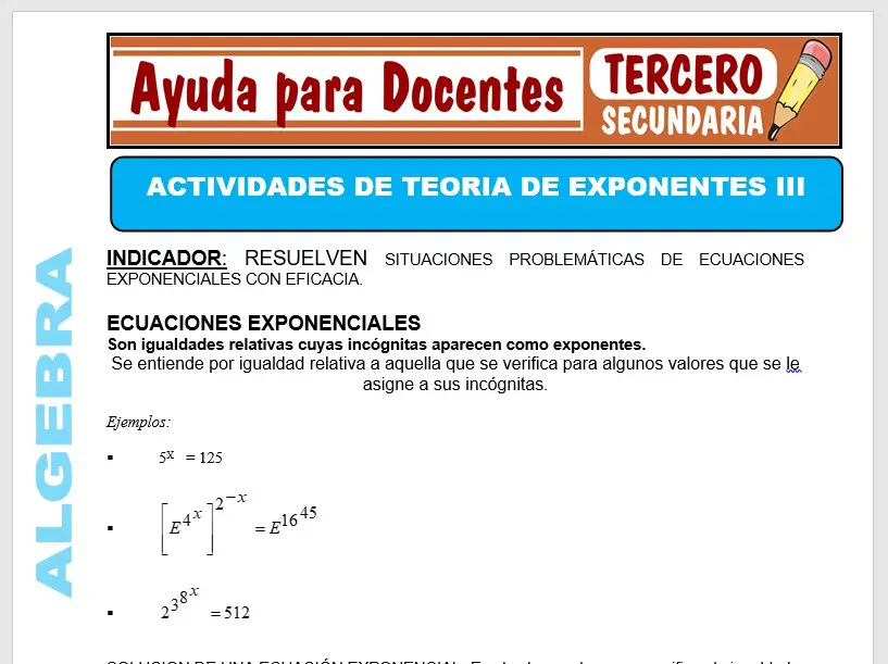 Modelo de la Ficha de Actividades de Teoria de Exponentes III para Tercero de Secundaria