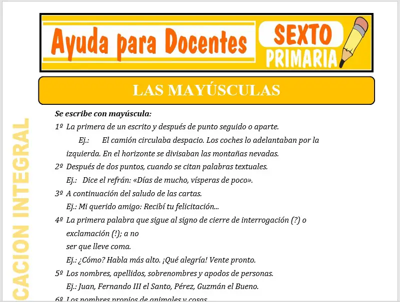 Modelo de la Ficha de Actividad de las Mayúsculas para Sexto de Primaria