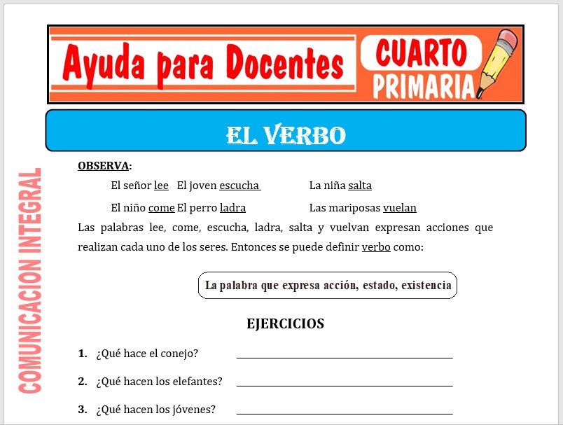 Modelo de la Ficha de Actividades del Verbo para Cuarto de Primaria Modelo de la Ficha de Actividades del Verbo para Cuarto de Primaria