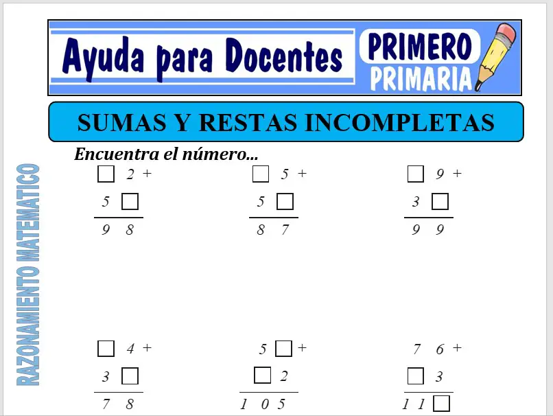 Modelo de la Ficha de Adición y Sustracción incompletas para Primero de Primaria  Modelo de la Ficha de Adición y Sustracción incompletas para Primero de Primaria