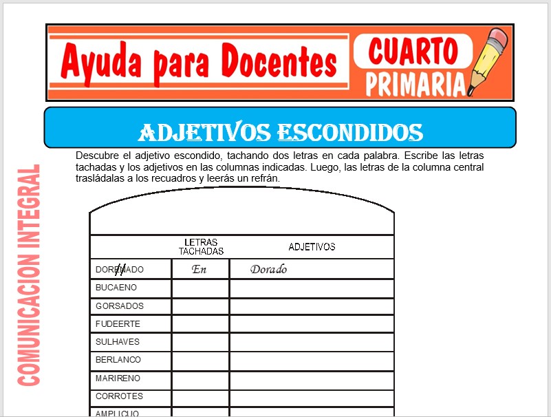 Modelo de la Ficha de Adjetivos Escondidos para Cuarto de Primaria