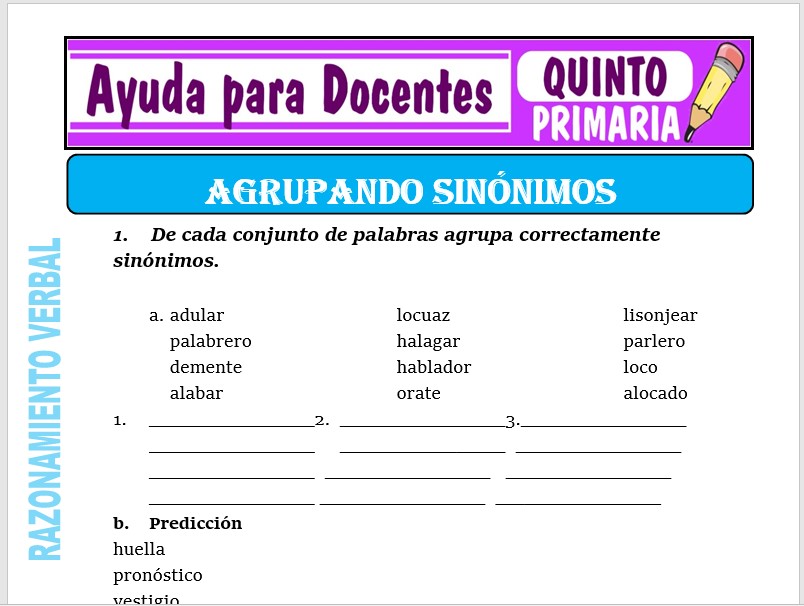 Modelo de la Ficha de Agrupando Sinónimos para Quinto de Primaria Modelo de la Ficha de Agrupando Sinónimos para Quinto de Primaria