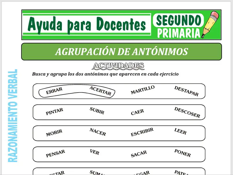 Modelo de la Ficha de Agrupación de Antónimos para Segundo de Primaria Modelo de la Ficha de Agrupación de Antónimos para Segundo de Primaria