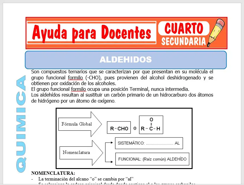 Modelo de la Ficha de Aldehídos para Cuarto de Secundaria Modelo de la Ficha de Aldehídos para Cuarto de Secundaria