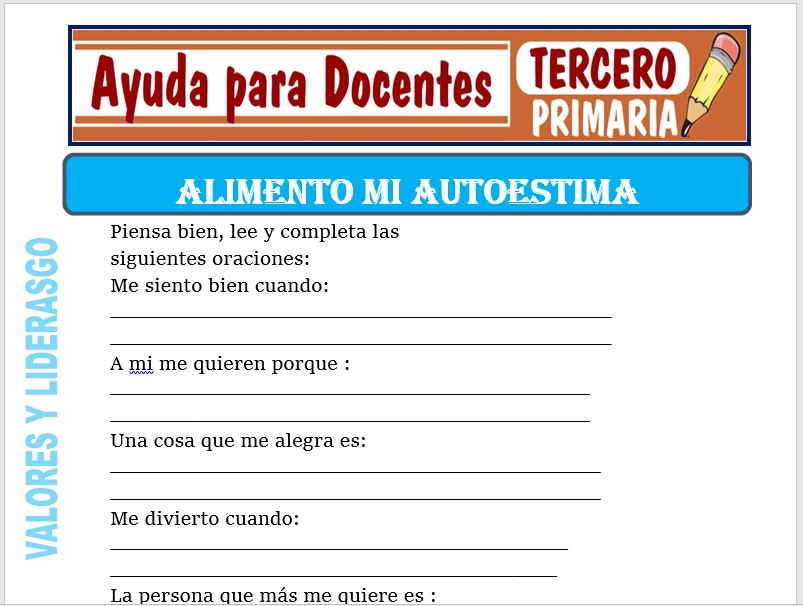 Modelo de la Ficha de Alimento mi Autoestima para Tercero de Primaria