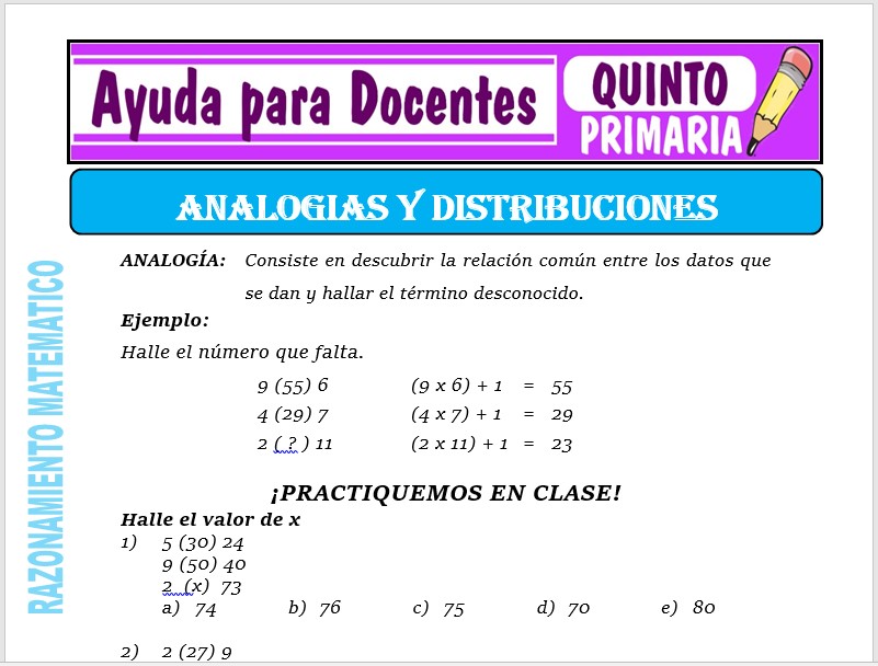 Modelo de la Ficha de Analogías y Distribuciones para Quinto de Primaria Modelo de la Ficha de Analogías y Distribuciones para Quinto de Primaria