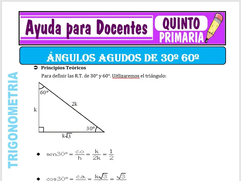 Modelo de la Ficha de Ángulos Agudos de 30 y 60 Grados para Quinto de Primaria
