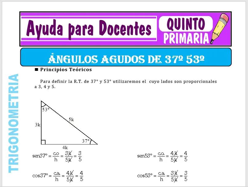 Modelo de la Ficha de Ángulos Agudos de 37 y 53 Grados para Quinto de Primaria