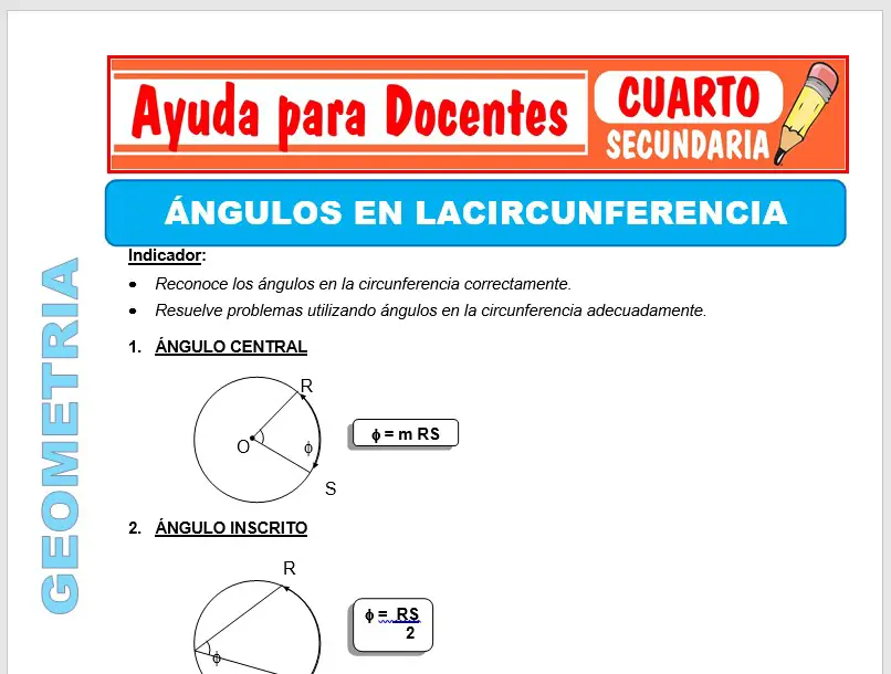 Modelo de la Ficha de Ángulos en la Circunferencia para Cuarto de Secundaria