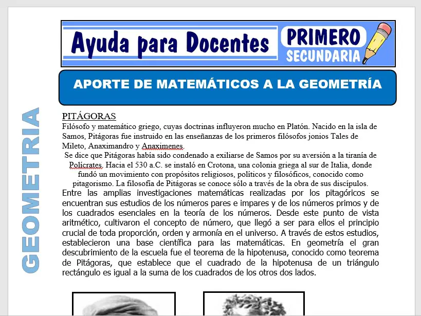 Modelo de la Ficha de Aporte de Matemáticos a la Geometría para Primero de Secundaria