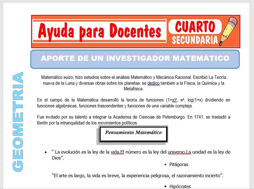 Modelo de la Ficha de Aporte de un Investigador Matemático para Cuarto de Secundaria