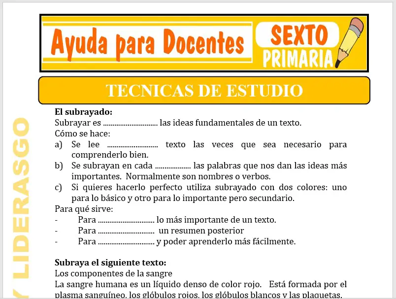 Modelo de la Ficha de Técnicas de Estudio para Sexto de Primaria