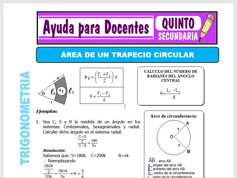 Modelo de la Ficha de Área de un Trapecio Circular para Quinto de Secundaria