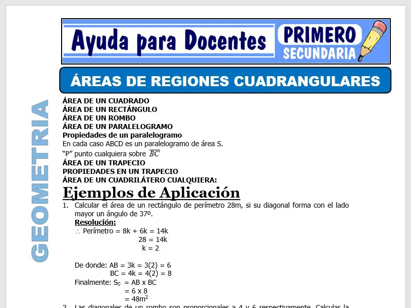 Modelo de la Ficha de Áreas de Regiones Cuadrangulares para Primero de Secundaria