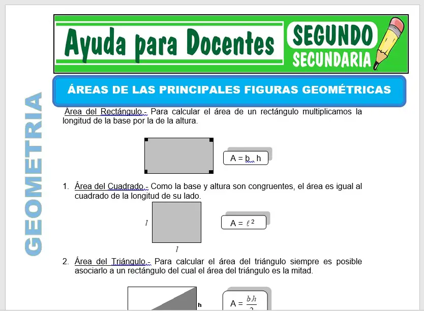 Modelo de la Ficha de Áreas de las Principales Figuras Geométricas para Segundo de Secundaria