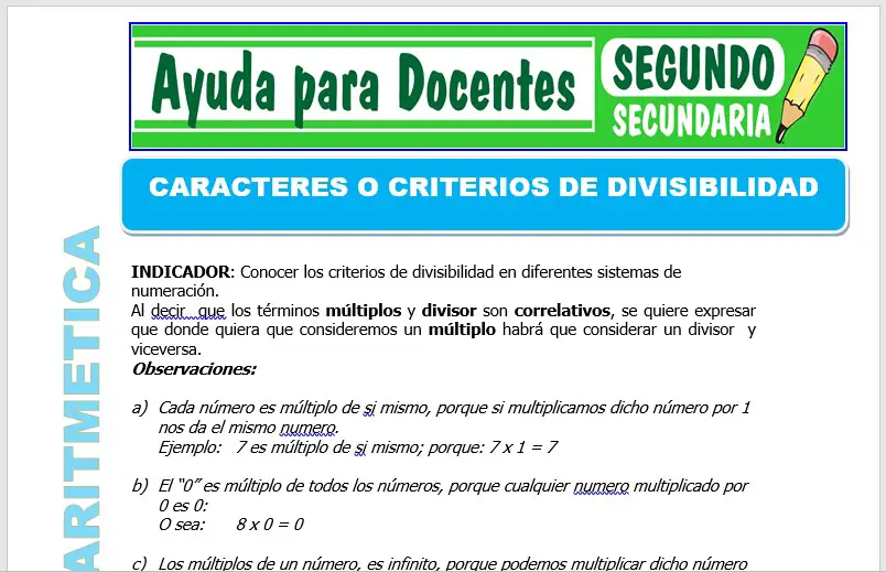 Modelo de la Ficha de Caracteres o Criterios de Divisibilidad para Segundo de Secundaria