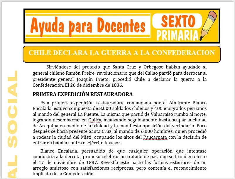 Modelo de la Ficha de Chile Declara la Guerra a la Confederación para Sexto de Primaria