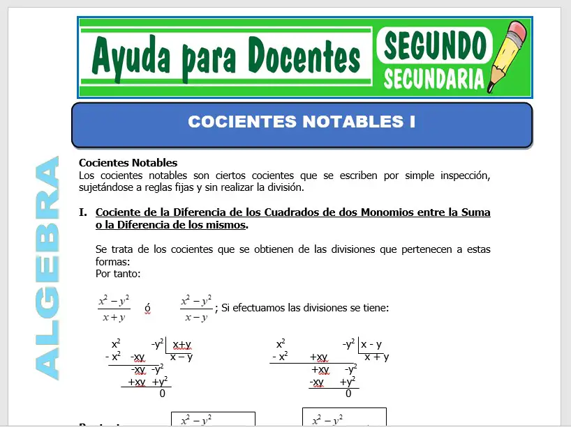Modelo de la Ficha de Cocientes Notables I para Segundo de Secundaria