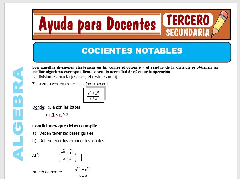 Modelo de la Ficha de Cocientes Notables para Tercero de Secundaria