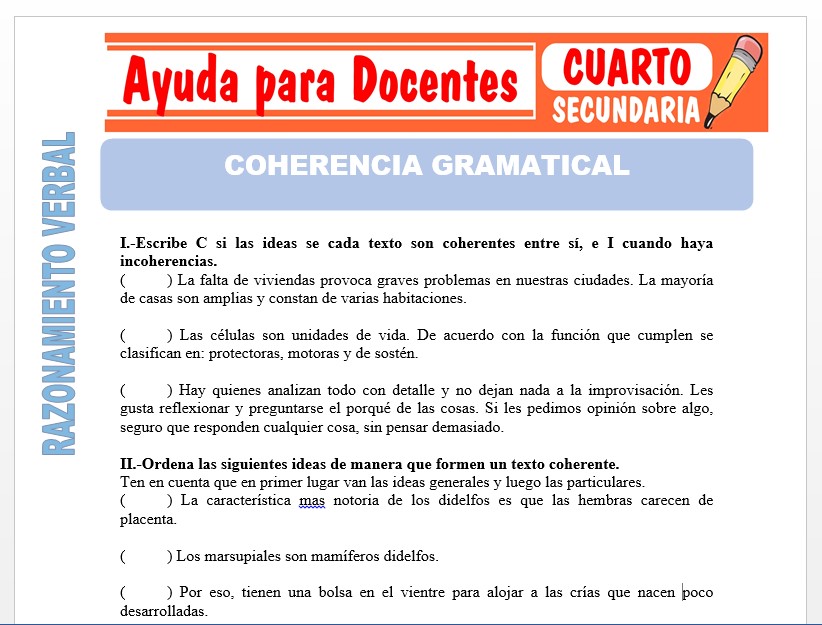 Modelo de la Ficha de Coherencia Gramatical para Cuarto de Secundaria Modelo de la Ficha de Coherencia Gramatical para Cuarto de Secundaria