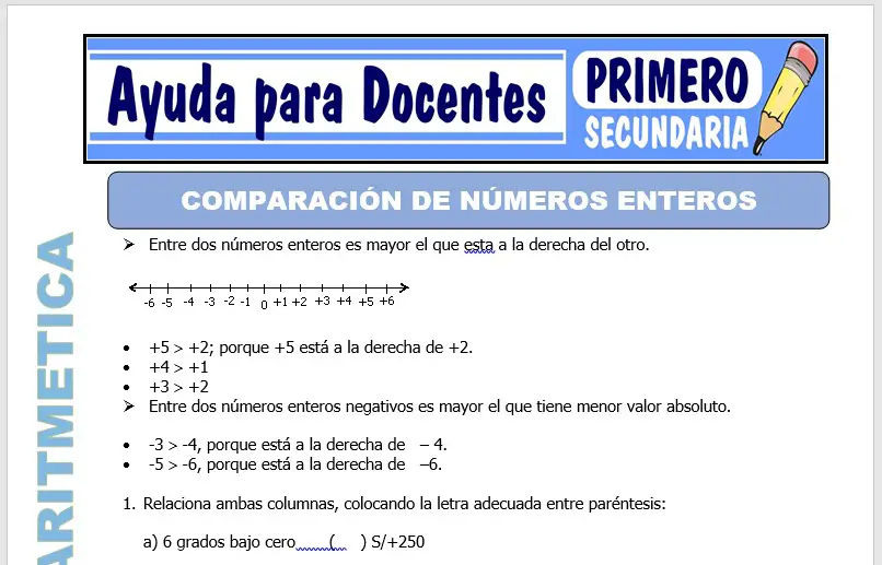 Modelo de la Ficha de Comparación de Números Enteros para Primero de Secundaria
