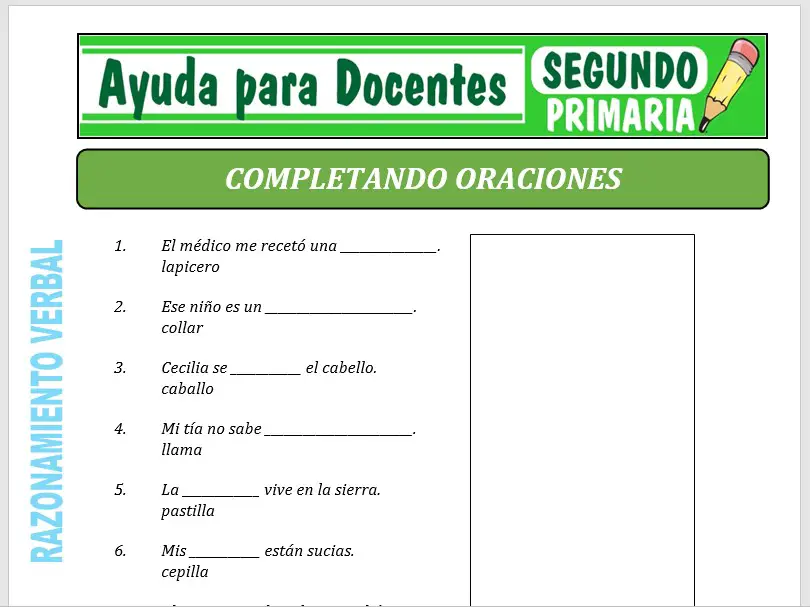 Modelo de la Ficha de Completando Oraciones para Segundo de Primaria