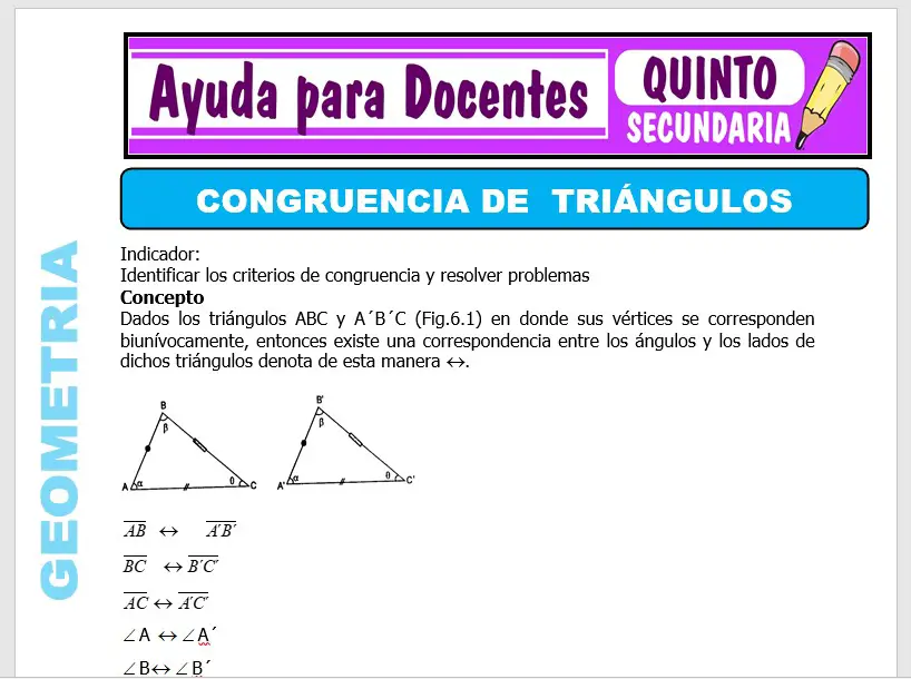Modelo de la Ficha de Congruencia de Triángulos para Quinto de Secundaria