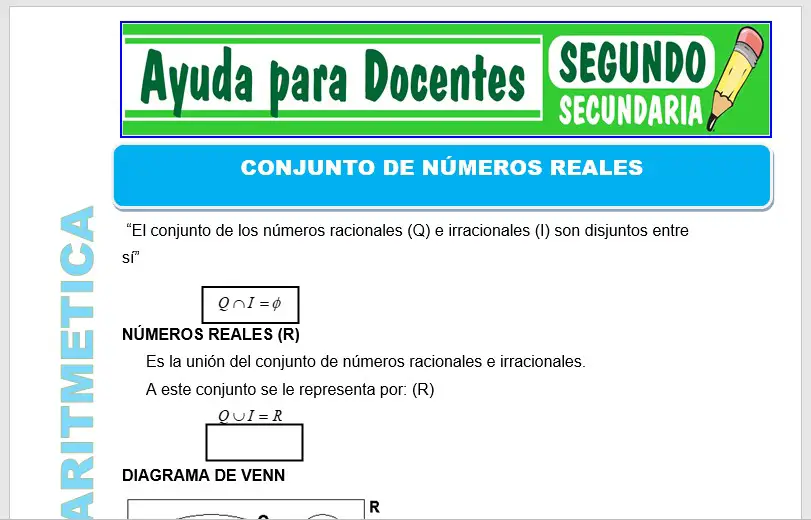 Modelo de la Ficha de Conjunto de Números Reales para Segundo de Secundaria