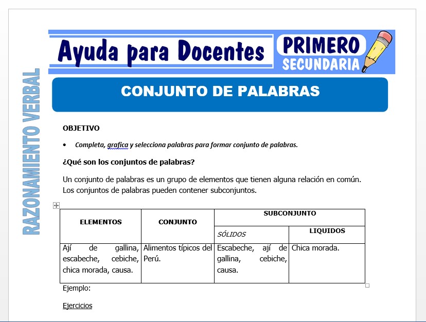 Modelo de la Ficha de Conjunto de Palabras para Primero de Secundaria Modelo de la Ficha de Conjunto de Palabras para Primero de Secundaria