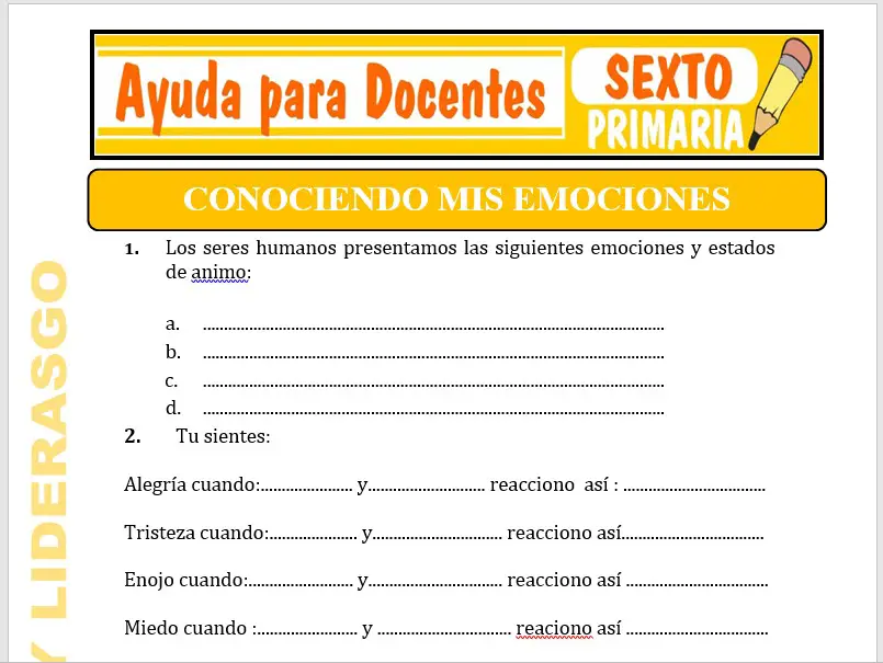 Modelo de la Ficha de Conociendo mis Emociones para Sexto de Primaria