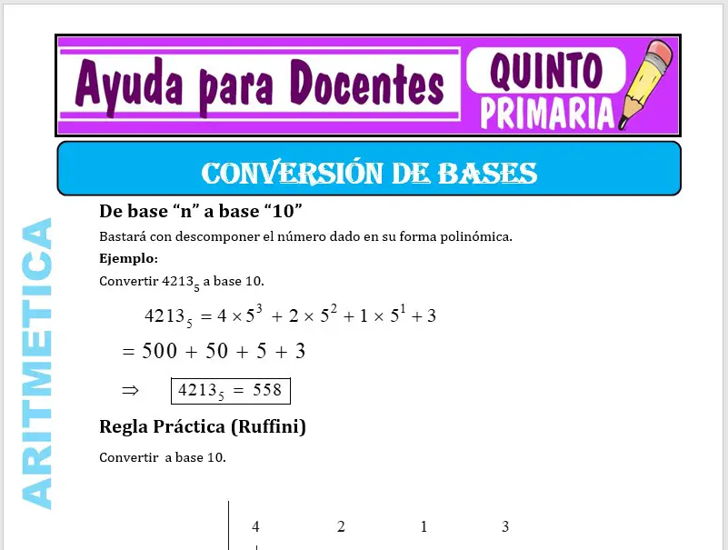 Modelo de la Ficha de Conversión de Bases para Quinto de Primaria Modelo de la Ficha de Conversión de Bases para Quinto de Primaria