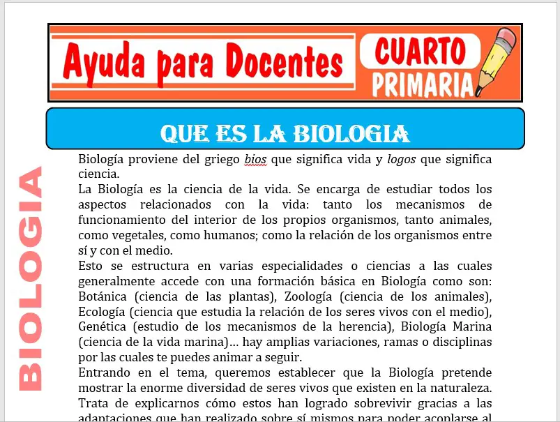 Modelo de la Ficha de Definición de la Biología para Cuarto de Primaria