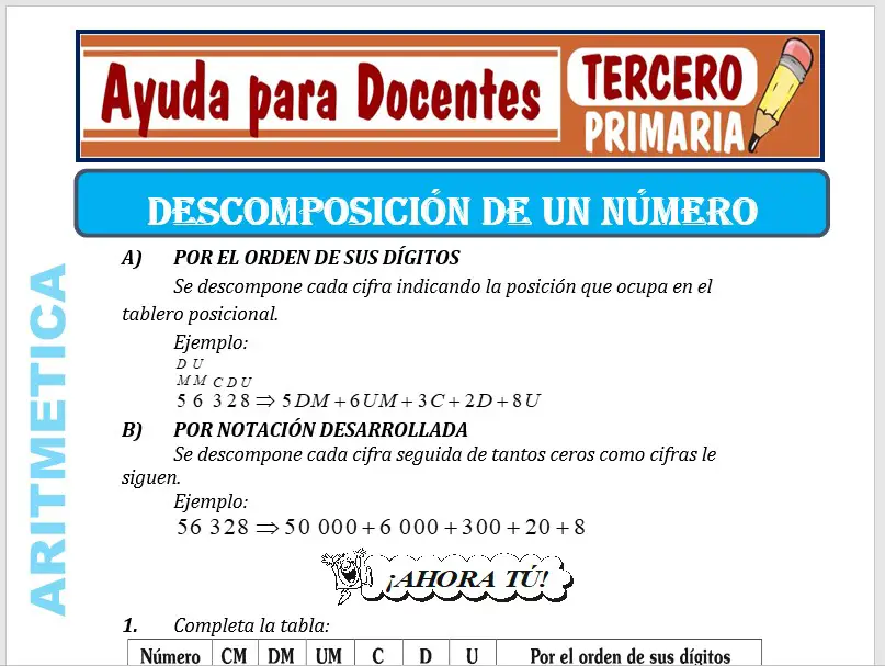 Modelo de la Ficha de Descomposición de un Número para Tercero de Primaria