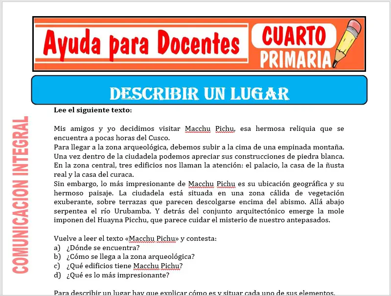 Modelo de la Ficha de Describir un Lugar para Cuarto de Primaria