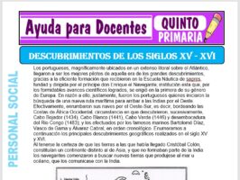 Modelo de la Ficha de Descubrimientos de los Siglos XV - XVI para Quinto de Primaria