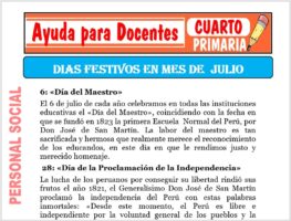 Modelo de la Ficha de Días festivos del mes de julio para Cuarto de Primaria
