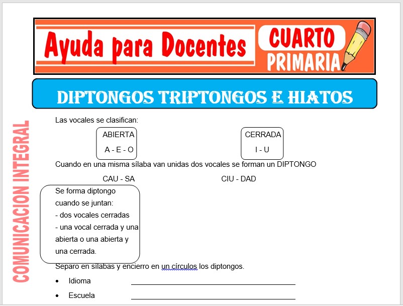 Modelo de la Ficha de Diptongos, Triptongos y Hiatos para Cuarto de Primaria