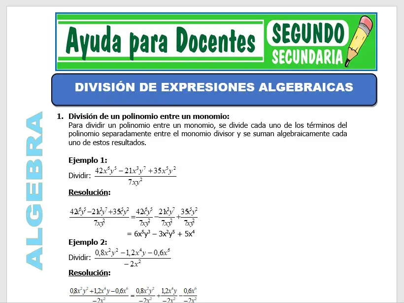 Modelo de la Ficha de División de Expresiones Algebraicas para Segundo de Secundaria